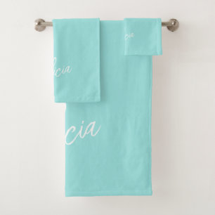 Aqua white signature script name personalised bath towel set