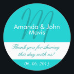 Aqua White Simple Initial Wedding Favour Thank You Classic Round Sticker<br><div class="desc">Aqua White Simple Initial Wedding Favour Thank You Sticker. Personalise your wedding favours with this elegant, simple, stylish wedding sticker with a aqua teal blue background, bride and groom names and monogram initial along with your thank you message and wedding date printed in elegant text fonts. Design by Elke Clarke©....</div>