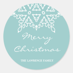 Aqua White Snowflake Christmas Holiday Classic Round Sticker