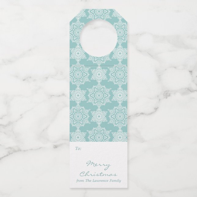 Aqua White Snowflake Christmas Holiday Gift Bottle Tag (Front)