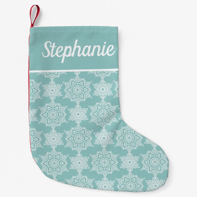 Aqua White Snowflake Holiday Personalised Small Christmas Stocking (Front)