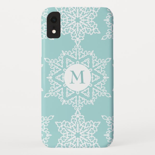 Aqua White Snowflakes Christmas Holiday Monogram Case-Mate iPhone Case (Back)