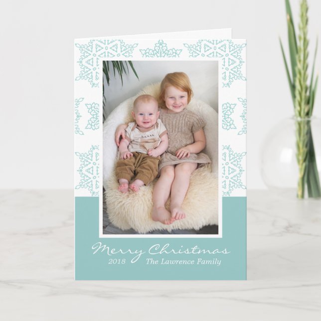 Aqua White Snowflakes Merry Christmas Photo Holiday Card (Front)