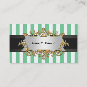 Aqua White Stripe, Black Ribbon, Gold Framed Label Business Card