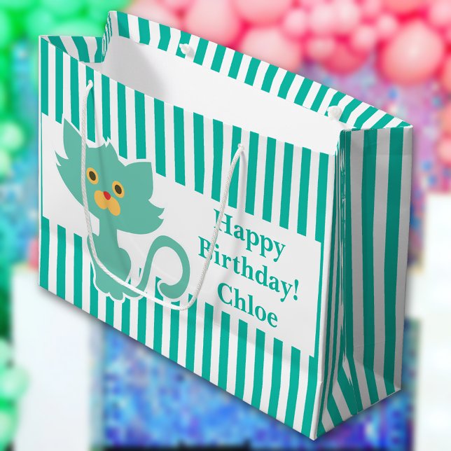 Aqua-White Stripe•Cat•Custom Large Gift Bag (Creator Uploaded)