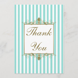 Aqua, White Stripes Gold Scrolls PHOTO Thank You Card