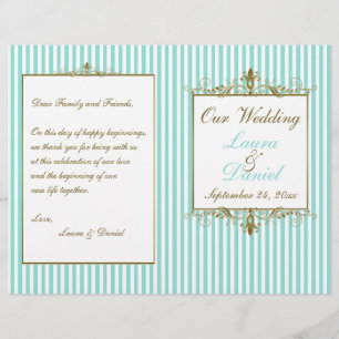 Aqua, White Stripes Gold Scrolls Wedding Program
