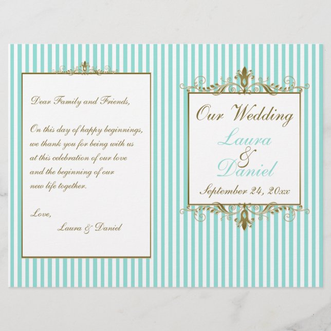 Aqua, White Stripes Gold Scrolls Wedding Program (Front)