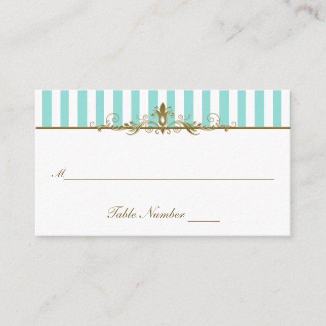 Aqua, White Stripes with Gold Scrolls Placecard (Front)