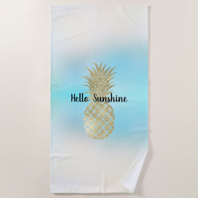 Aqua White Tie Dye Gold Pineapple Beach Towel (Front)