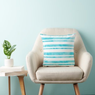 Aqua White Watercolor Stripes Cushion