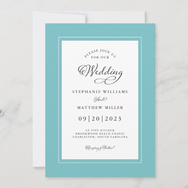 Aqua White Wedding Elegant Calligraphy Chic Frame Invitation (Front)