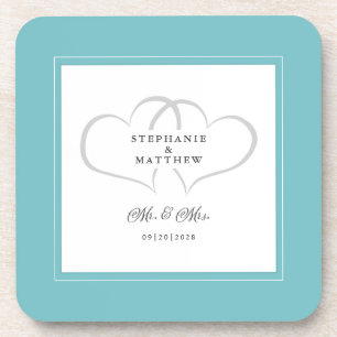 Aqua White Wedding Mr & Mrs Elegant Chic Hearts Coaster