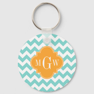 Aqua Wht Chevron Cantaloupe Quatrefoil 3 Monogram Key Ring