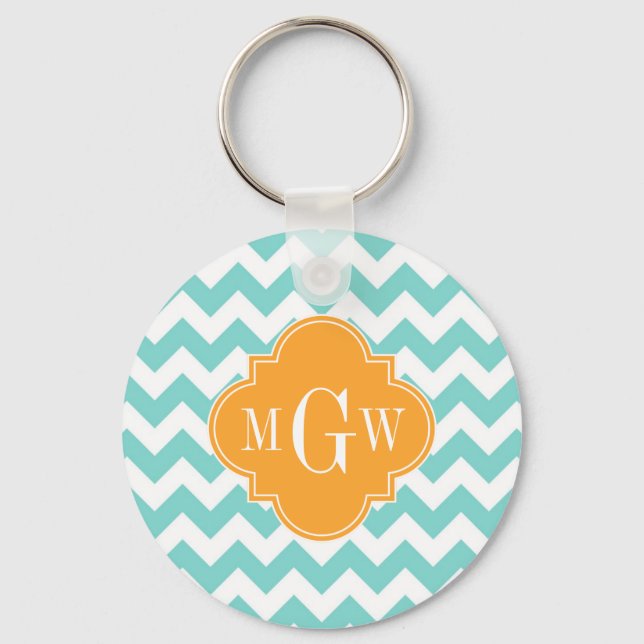 Aqua Wht Chevron Cantaloupe Quatrefoil 3 Monogram Key Ring (Front)