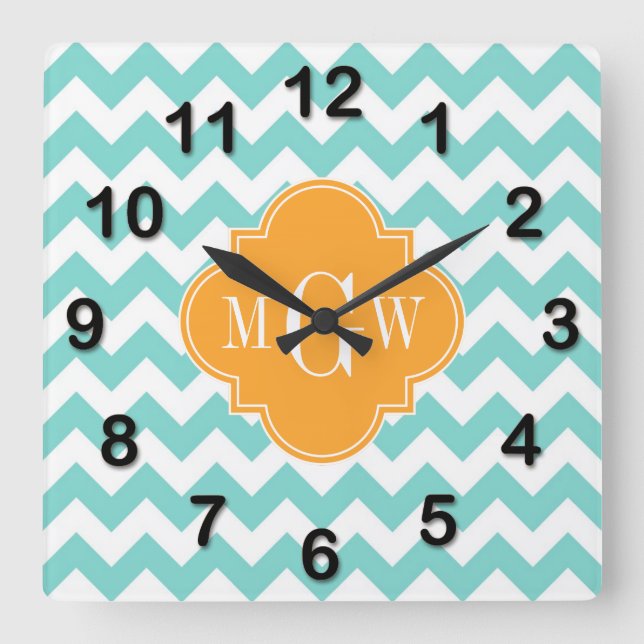 Aqua Wht Chevron Cantaloupe Quatrefoil 3 Monogram Square Wall Clock (Front)