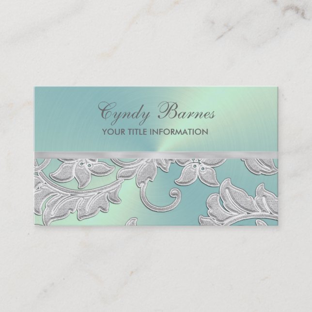 Aqua with Silver Damask Business Card (Front)