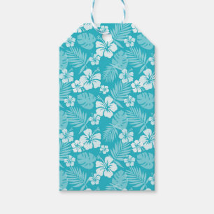 AQUA WITH TROPICAL WHITE HIBISCUS FLOWERS GIFT TAGS