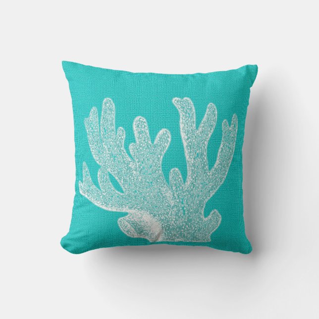 Aqua with White Coral Burlap Look Cushion (Front)
