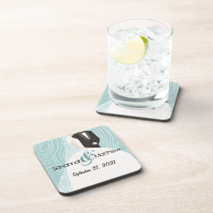 Aqua Wood Grain Pattern Bride and Groom Coasters