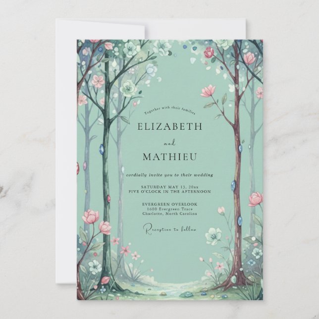 Aqua Woodland Tree Eucalyptus Wedding Invitation (Front)