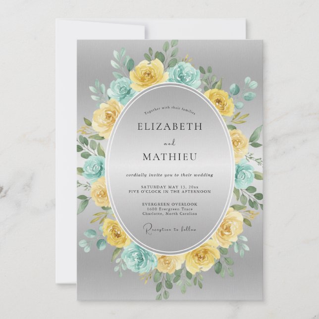 Aqua Yellow Ethereal Floral Wedding Invitation (Front)