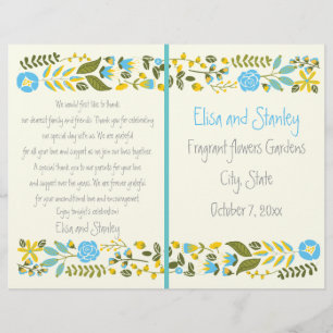 Aqua, yellow floral border wedding program