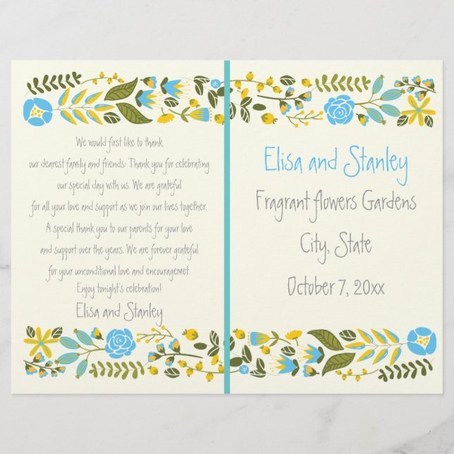 Aqua, yellow floral border wedding program (Front)