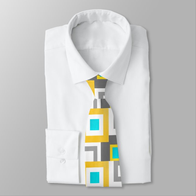 Aqua Yellow Grey Geometric Squares Pattern Tie (Tied)