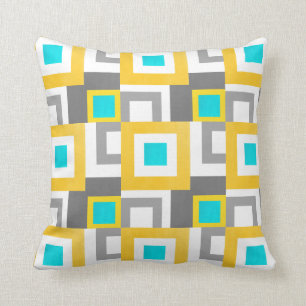 Aqua Yellow Grey White Abstract Geometric Squares Cushion