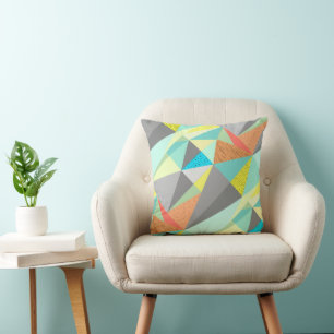 Aqua Yellow Grey Yellow Abstract Triangle Pattern Cushion