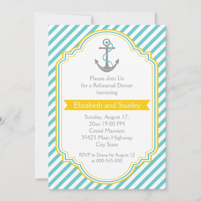Aqua, yellow nautical wedding rehearsal dinner invitation (Front)