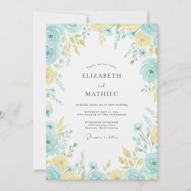 Aqua Yellow Ranunculus Eucalyptus Wedding Invitation (Front)