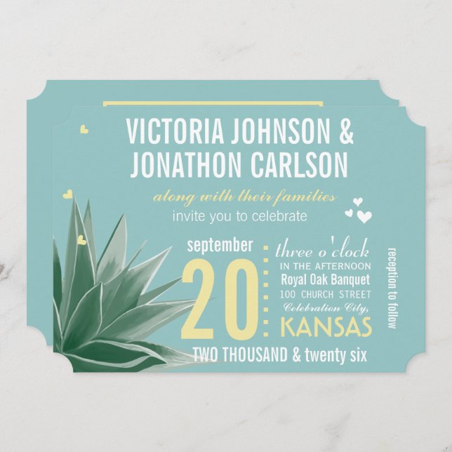 Aqua Yellow Succulent Typography Wedding Invitation (Front/Back)