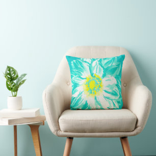 Aqua Yellow Vintage Painted Flower Pillow