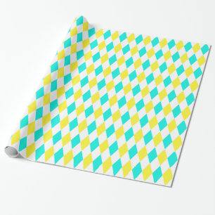 Aqua Yellow White Harlequin Diamond Pattern Wrapping Paper