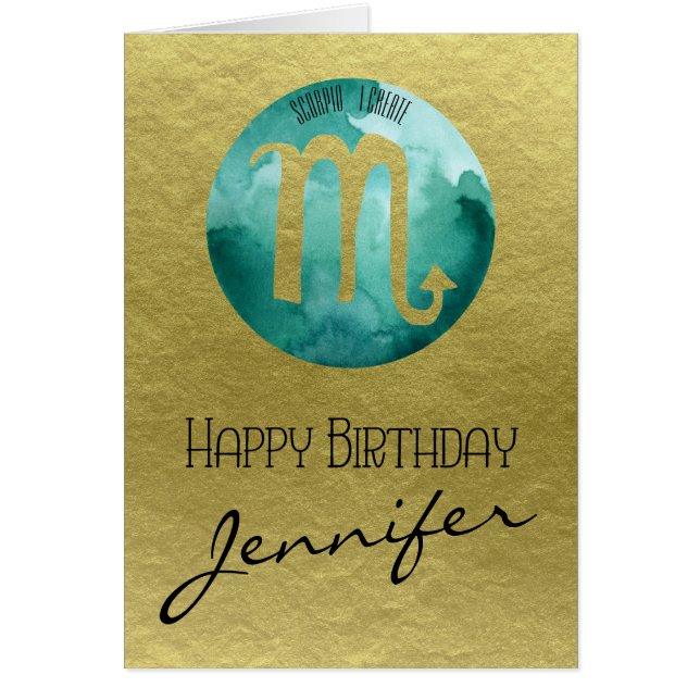 Aqua Zodiac Sign Scorpio on Gold Background (Front)