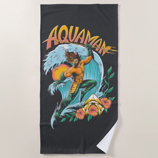 Aquaman and Trident Rising Surf Graphic Beach Towel (Front)