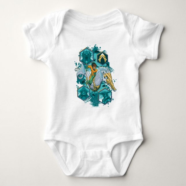 Aquaman Riding Seahorse Across Kingdoms Baby Bodysuit (Front)