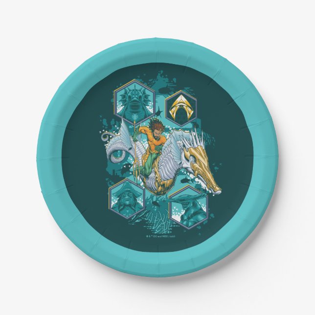 Aquaman Riding Seahorse Across Kingdoms Paper Plate (Front)