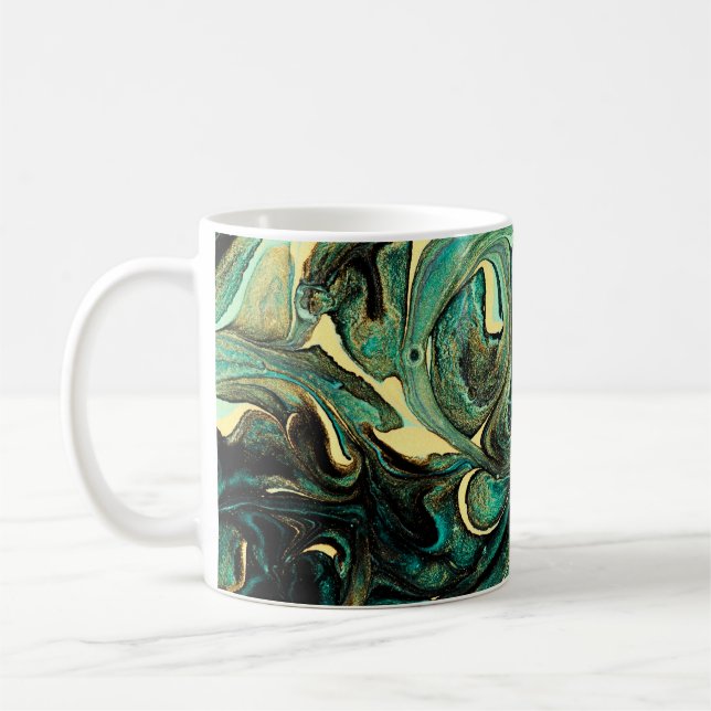 Aquamarine acrylic paints: abstract background. coffee mug (Left)
