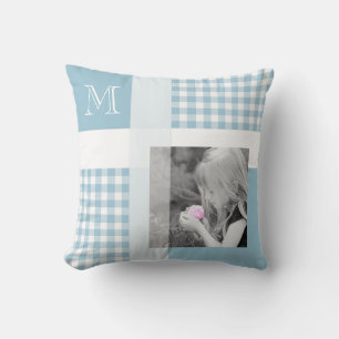 Aquamarine Add Your Photo Gingham Modern Monogram Cushion
