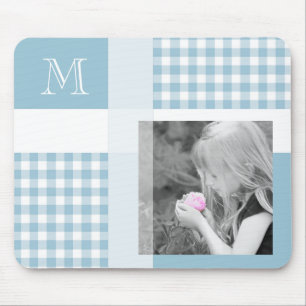 Aquamarine Add Your Photo Gingham Modern Monogram Mouse Pad