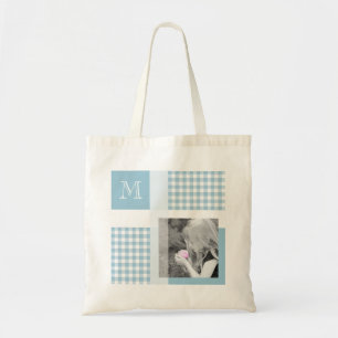 Aquamarine Add Your Photo Gingham Modern Monogram Tote Bag