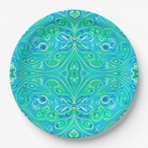 Aquamarine Arabesque Bohemian Pattern Paper Plate