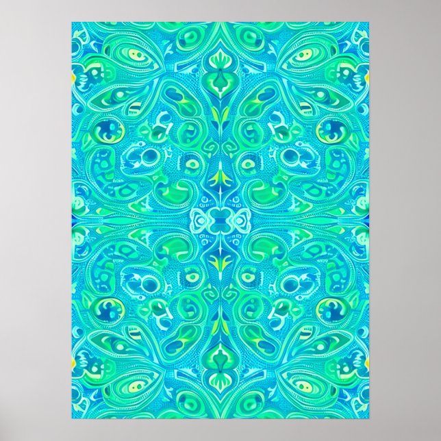 Aquamarine Arabesque Bohemian Pattern Poster (Front)
