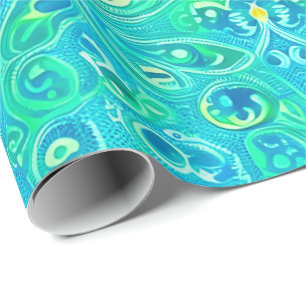 Aquamarine Arabesque Bohemian Pattern Wrapping Paper