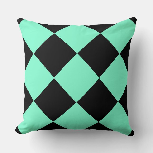 Aquamarine Black Chequered Diamond Pattern Cushion (Front)