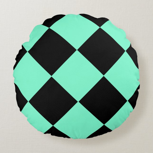 Aquamarine Black Chequered Diamond Pattern Round Cushion (Front)
