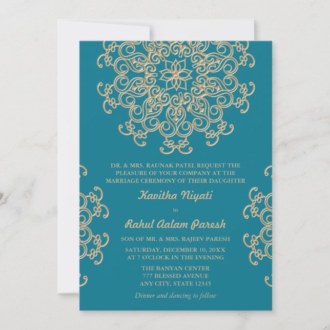 AQUAMARINE BLUE AND GOLD INDIAN STYLE WEDDING INVITATION (Front)